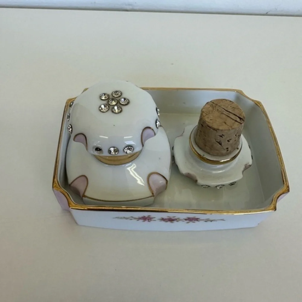 1956 Lefton Vanity Dresser Bottles & Soap Dish Hand Painted Rhinestones/Cork Set